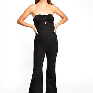 Free People NWT Black Denim Strapless Flare Leg Jumpsuit Size 10